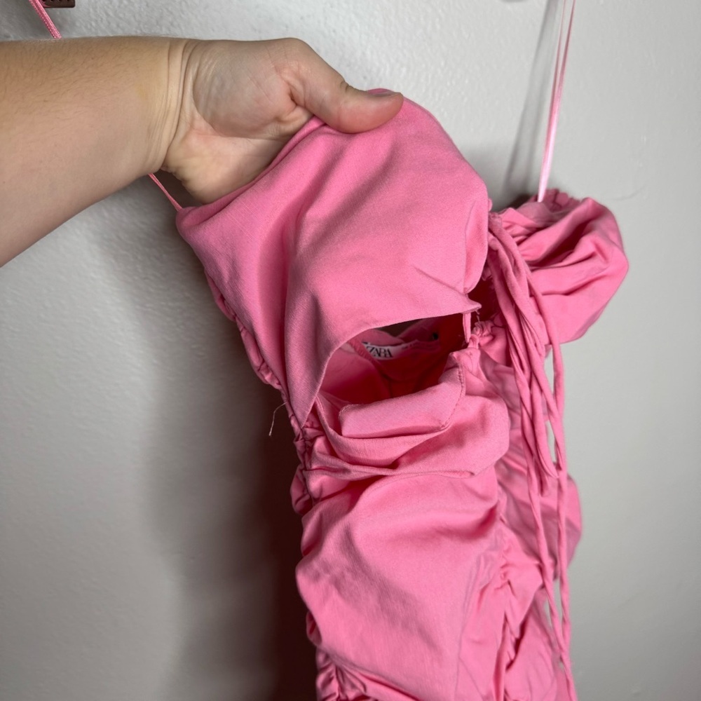 Zara Pink Cut Out Mini Dress Ruched - Picture 5 of 8
